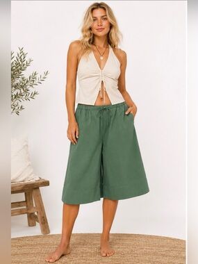 Free People Menorca Slouchy Capri Pants Olive Green Boho Cotton XS NEW